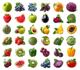 Colorful array of fresh fruits and vegetables.  A grid pattern displays various whole and cut fruits and vegetables, vibrant in color, with detailed outlines