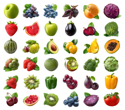 Colorful array of fresh fruits and vegetables.  A grid pattern displays various whole and cut fruits and vegetables, vibrant in color, with detailed outlines