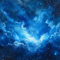 Watercolor Night Sky Clouds, Stars, Dreamy Blue, Celestial Art, Watercolor Painting Celestial, Dreamscape   high resolution   for isolate image