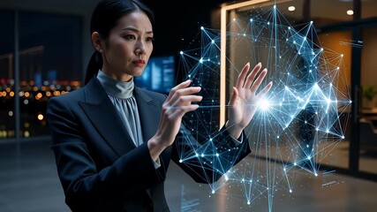 Futuristic data visualization of a professional East Asian businesswoman manipulating a holographic network interface in a modern office at night. - Powered by Adobe