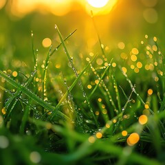 Dew Drops on Grass Blades at Sunrise, Nature , Landscape   high resolution   for isolate image