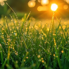 Dew Drops on Grass Blades at Sunrise, Nature , Landscape   high resolution   for isolate image