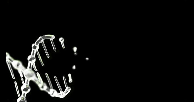 Rotating Double Helix Structure Made of Glass Molecules Appearing and Rotating on Black Background for Scientific and Medical Topics