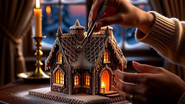 Generative AI depiction of a woman's hands carefully decorating a beautiful, illuminated gingerbread house by candlelight on a cozy Christmas evening.