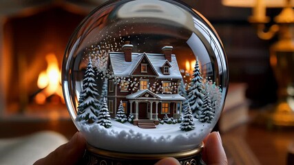 A magical decorative snow globe with a festive Christmas house is held by a woman in a cozy home with a warm fireplace. - Powered by Adobe