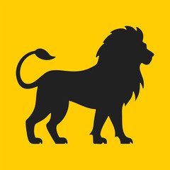 Lion silhouette isolated on yellow background. Simple flat design perfect for branding.