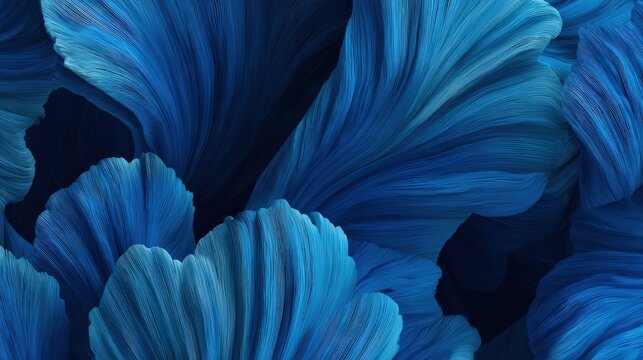 Deep blue abstract texture reminiscent of flower petals or ocean waves. Features layered, wavy shapes with intense fiber-like detailing in varying shades of blue. High-end, dramatic background art