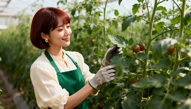 Smiling asian woman farmer tending to tomato plants in a modern greenhouse. Young female gardener inspecting an organic crop. Sustainable agriculture concept