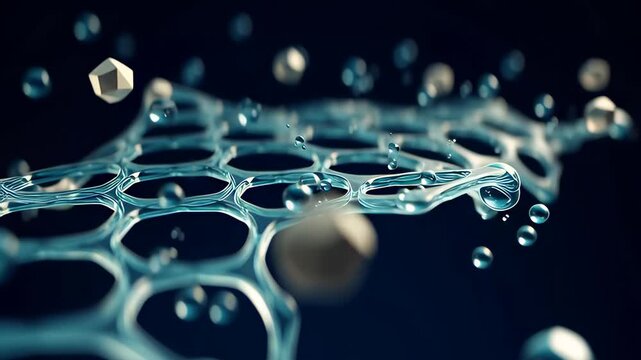 Advanced desalination membrane with a crystal grid structure in a 3D animation, showing molecular water filtration and the separation of salt through nanotechnology.