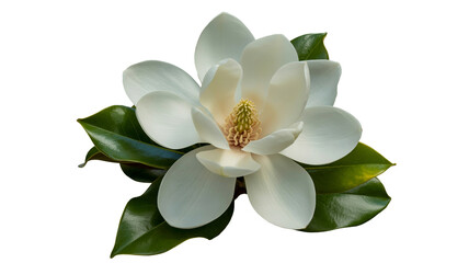 Elegant magnolia bloom, pristine petals, and lush green leaves convey natural beauty, ideal for spring designs