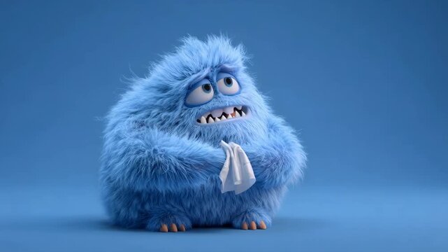 Fluffy blue monster holding tissue cartoon character. Sad creature with expression change, digital animation showing different mood stages.