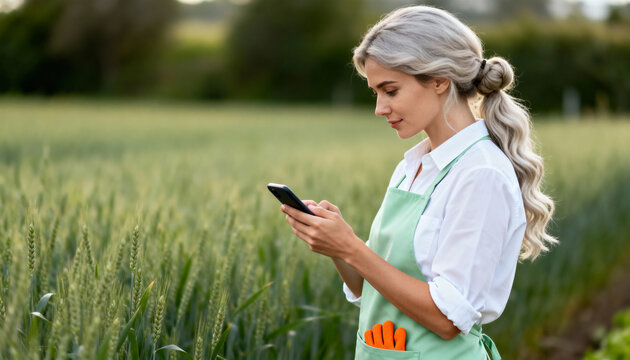 A female farmer or agronomist using a smartphone in a green wheat field. Modern agriculture and smart farming technology concept with copy space for text
