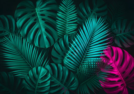 Creative fluorescent color layout made of tropical leaves. Flat lay neon colors. Nature concept.