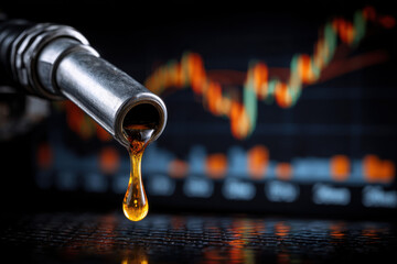 fluctuations in the market price of crude oil. close-up of a fuel nozzle and oil price chart