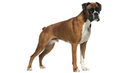 Majestic boxer dog standing alert, a loyal companion with a strong build and gentle expression, pet adoption