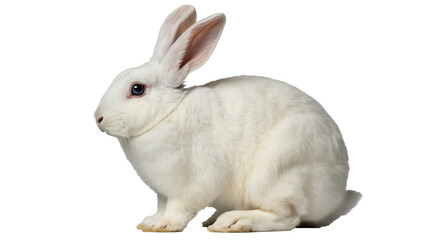 Fototapeta premium Adorable white rabbit sits in profile with soft fur, perfect for Easter, pets, and spring designs