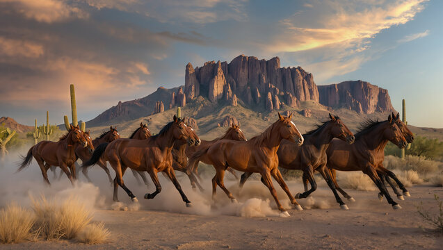 Wild horses galloping through desert terrain with dust, mountain backdrop and evening light. Concept of freedom, nature, western landscape, adventure.