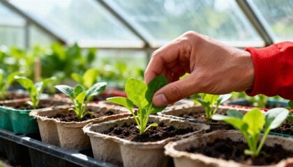 Farmer's hand caring for a young plant seedling in a greenhouse. Close-up on growing organic vegetables. Agriculture and new life concept