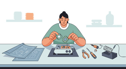 Female Electrical Engineer Assembling or Repairing Electronic Circuit Board and Microchips with Tools and Blueprints