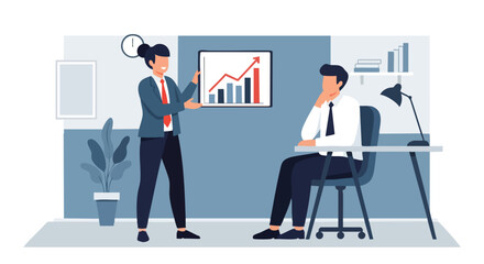 Businesswoman Presenting a Financial Growth Chart and Positive Sales Report to a Male Colleague in an Office