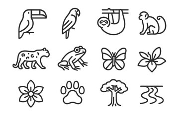 Fototapeta premium Tropical Wildlife Icons. Tropical wildlife. Line icon set of Tropical wildlife: toucan, macaw, sloth, jaguar, tree frog, monkey, snake, butterfly, exotic