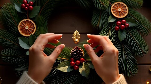Festive border showing a top view of a woman's hands decorating a handmade Christmas wreath, a cozy winter holiday craft with a magical sparkle.