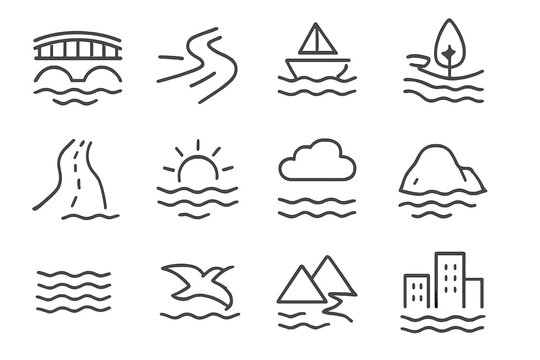 Rivers and Bridges Icons. Rivers and bridges. Line icon set of rivers and bridges: bridge, river, boat, tree, road, sun, cloud, rock, waves, bird, mountain,