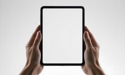 Close-up of human hands holding modern digital tablet with blank white screen mockup