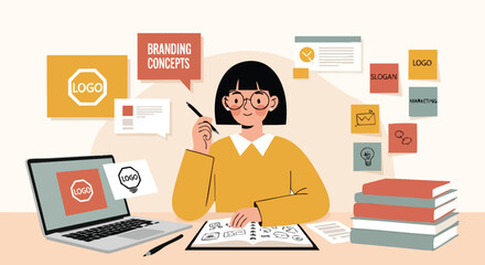 Female Graphic Designer Brainstorming and Sketching Branding Concepts, Logos, and Slogans at Her Desk