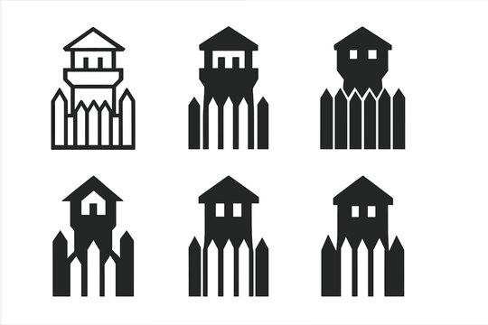 Palisade Logo Collection. Palisade. Icon set. Set Logo of Palisade: Guard tower. harmonious logo variations of the same emblematic concept (Symmetrical form,