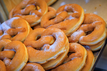 Sweet sugar covered pretzels or beignets, Christmas Market, Strasbourg France