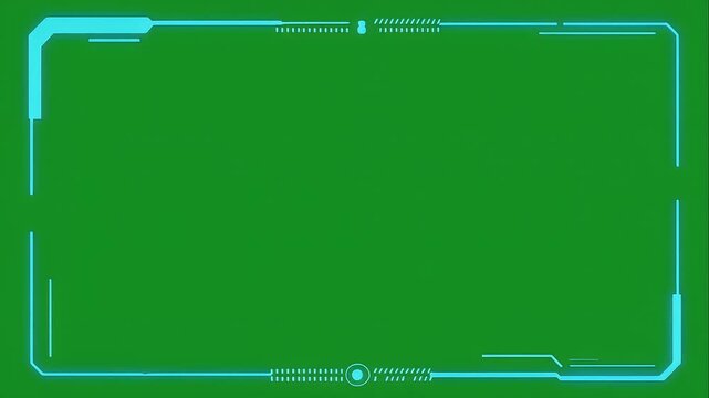 Futuristic Digital HUD Frame with Glowing Cyan Elements on Green Screen for Advanced Tech Video Overlays and Presentations