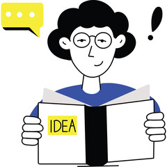 Person with Glasses Reading a Book with the Word IDEA Highlighted Yellow on the Page, Thinking Bubble Above Head
