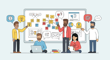 Business Team Collaboration Brainstorming Project Ideas and Strategy Flowchart on Whiteboard During Meeting