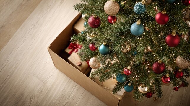 Packed Christmas tree with shiny ornaments and presents in a large shipping box