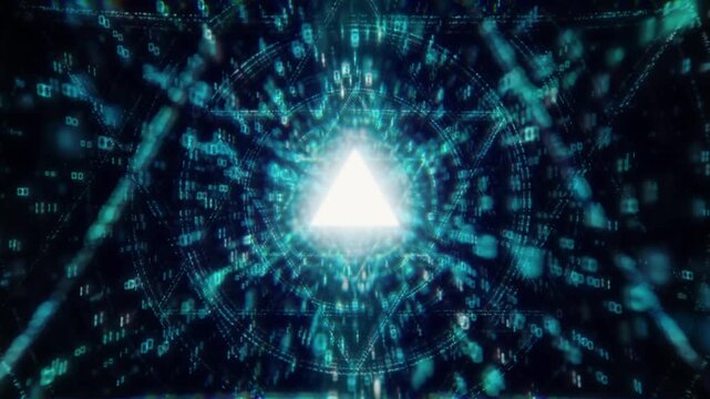 Magenta Purple Digital Tunnel with Glowing Binary Code, Futuristic Triangular Shapes, Abstract Cyberspace Animation, Vibrant Seamless Loop Background