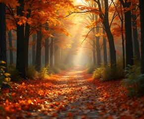Autumn Forest Path Covered with Fallen Leaves and Golden Light