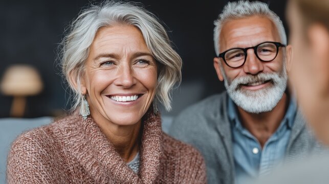 Joyful elderly couple sharing warm moments in cozy living room - Powered by Adobe