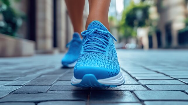 A person is walking down a sidewalk wearing a blue Nike shoe. The shoe is a blue and white Nike shoe with a white stripe