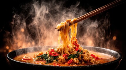 Delicious Asian Noodle Dish with Steam and Fresh Ingredients