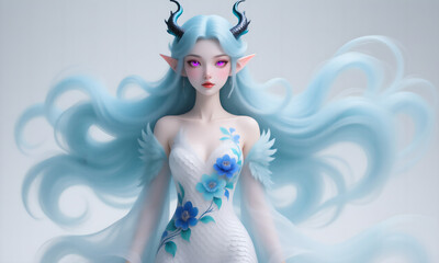 Ethereal fantasy woman with flowing light blue hair, horns, and glowing purple eyes