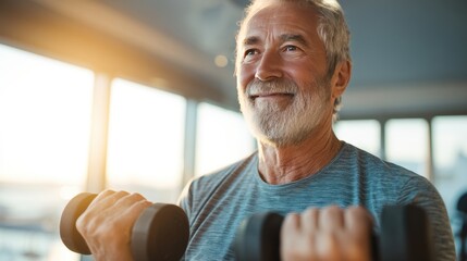 Senior Man Lifting Dumbbells in Bright Gym with Natural Light