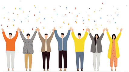 カラフルな仲間たちが一列に並び、紙吹雪が舞う中で両手を挙げてバンザイで喜びを分かち合うシーン。