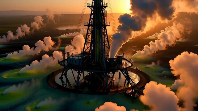 AI-generated geothermal drilling rig steaming in a vibrant fumarole field at a dramatic sunset, symbolizing renewable energy production.