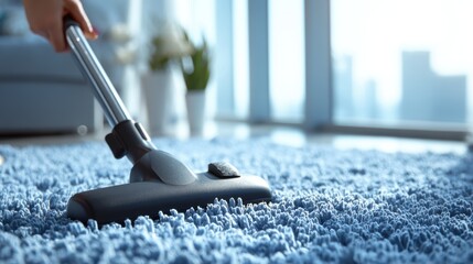 Person Vacuuming a Soft Blue Carpet in a Bright Modern Room