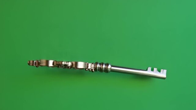 Ornate vintage key on green background for decor
