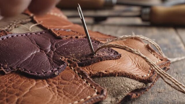 Hand stitching leather patchwork with needle and thread crafting artisan workmanship