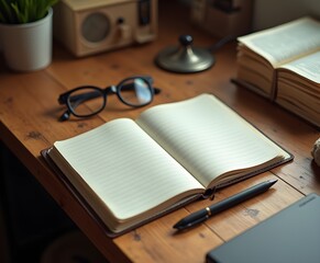 Overhead View of Notebook Pen and Glasses on Wooden Desk