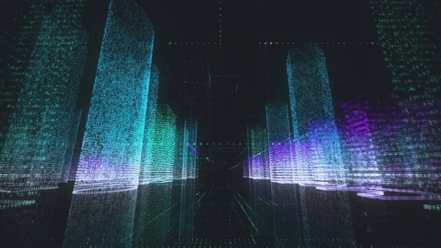 Digital technology and business concept background of abstract neon city made of symbols around camera motion. 3D rendering 4k video.