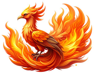Elegant Phoenix Perched Amid Flames, Stylized Firebird Illustration, Isolated